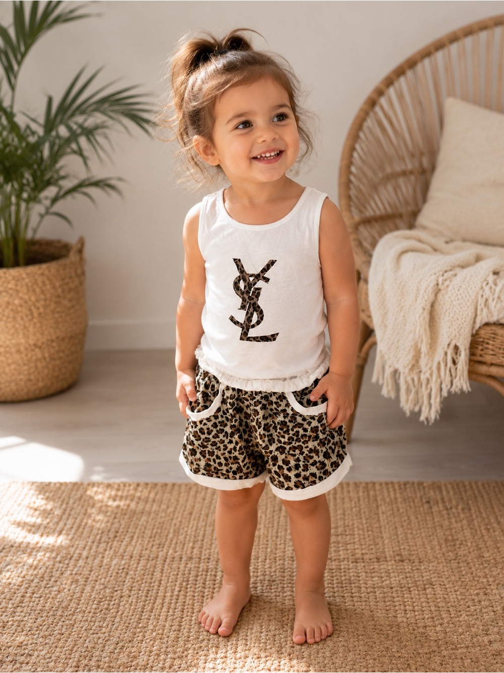 Yves Saint Laurent White Tank Top with Leopard Print Shorts